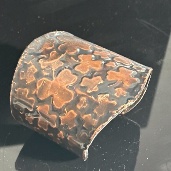 Irish Clover Wide Copper Cuff Bracelet Bracer Leaf Patina Solid Rustic Patina - Picture 3 of 11